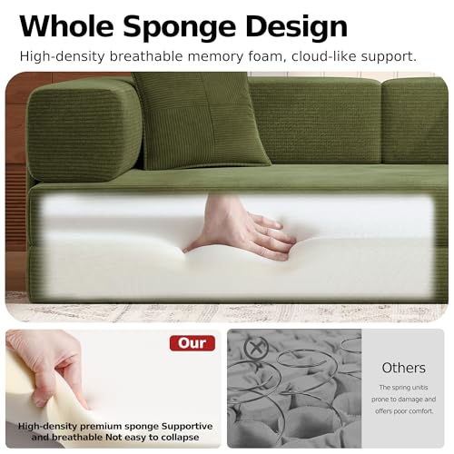 78.8''Sleeper Couch Bed for Livingroom,Convertible Modular Sofa with Armrest Pillow,Modular Foldable Corduroy Couches in a Box,No Assembly (Green)