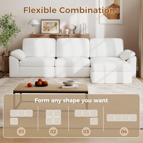 118" Sectional Boneless Couch for Living Room, Modern L Shaped Sofa with Ottoman, Comfy Cloud Modular Sectional Sofa with Deep Seat, No Assembly Required, White