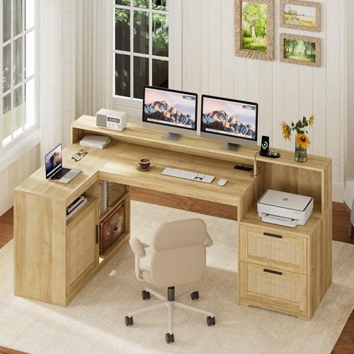 Farmhouse L Shaped Desk with Drawers, 62.2" Home Office Desk with Storage Shelves and Power Outlet, L Shaped Computer Desk with Monitor Stand and Printer Shelf, Oak/Rattan
