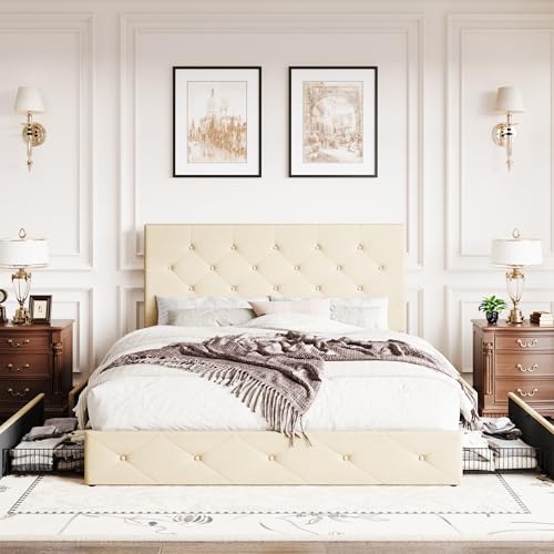Upholstered Queen Size Platform Bed Frame with 4 Storage Drawers, Adjustable Headboard with Diamond Stitched Button Tufted Design, Wooden Slat Support, No Box Spring Needed, Beige
