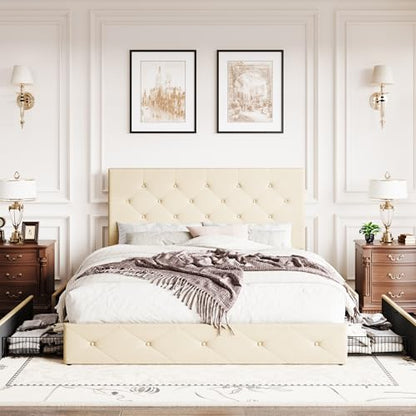 Upholstered Queen Size Platform Bed Frame with 4 Storage Drawers, Adjustable Headboard with Diamond Stitched Button Tufted Design, Wooden Slat Support, No Box Spring Needed, Beige