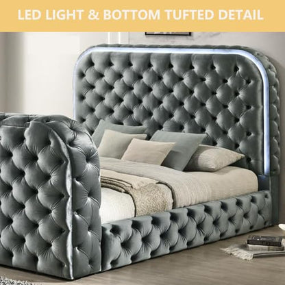 Wood Platform Bed with Tufted Headboard and Footboard in Gray, view 6
