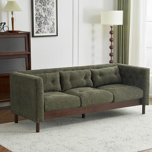 Marloo 3 Seater Sofa Couch, Upholstered Couch, Linen-Like Tufted Back Sofa with Arm Rest, Rubberwood Legs, 78" Spacious Seating for Living Room Home Rest, Dark Green