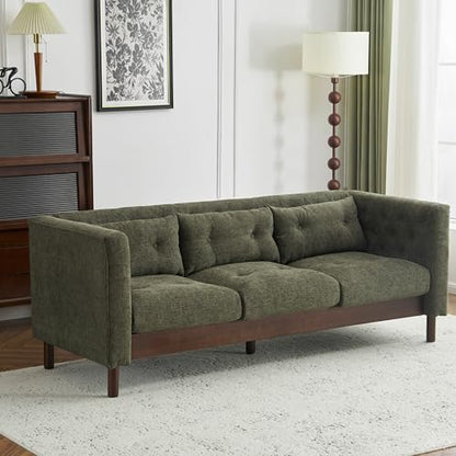 Marloo 3 Seater Sofa Couch, Upholstered Couch, Linen-Like Tufted Back Sofa with Arm Rest, Rubberwood Legs, 78" Spacious Seating for Living Room Home Rest, Dark Green