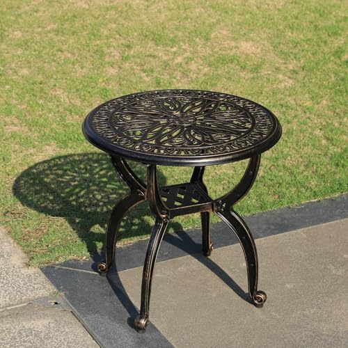 Outdoor Cast Aluminum Side Table Patio Side Table Backyard, Pool, Indoor, Easy Maintenance and Weather Resistant Coffee Table Porch Table Bistro Table (18.5round-Bronzed)