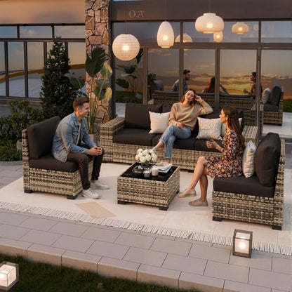 Patio Furniture Set, Wide Armrest Outdoor Furniture Set with Thick Cushions, 6 Piece Wicker Rattan Patio Sectional Sofa for Backyard, Poolside, Garden