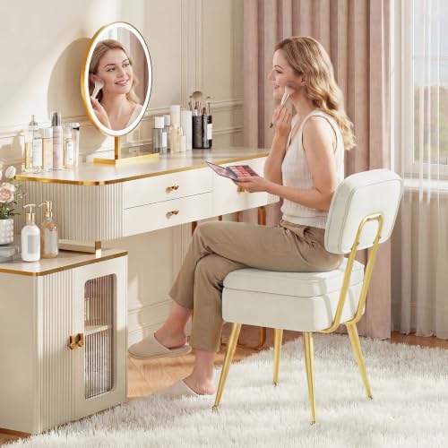 MALOL Velvet Vanity Makeup Chair with Storage and Back, Cute Vanity Stool Desk Chair No Wheels Ottoman for Dressing Bedroom Closet, Adjustable Golden Metal Legs, Beige