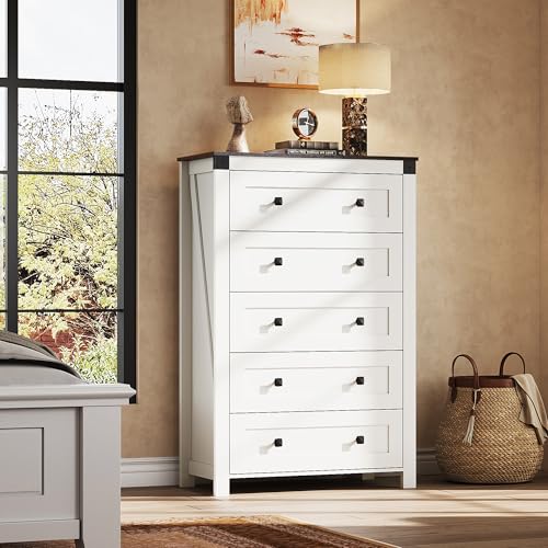 5-Drawer 31.50"W Farmhouse TV Stand with Rustic Handles, White, view 5