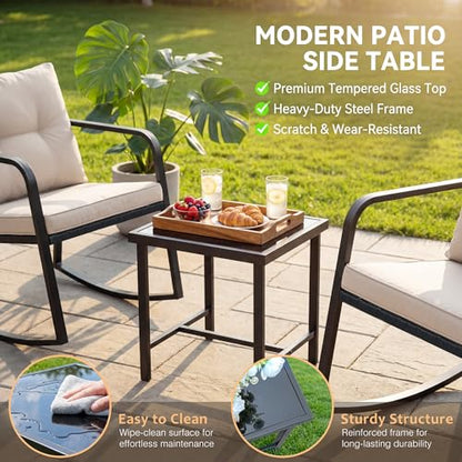 Patio Chairs 3 Piece Wicker Rocking Chair Outdoor Bistro Sets with Coffee Table and Cushions Metal Frame Patio Furniture for Porch, Balcony, Lawn (White)