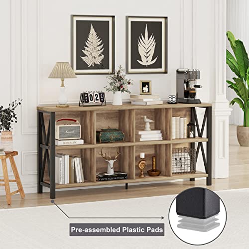 8 Cube Storage Organizer Bookshelf, 62 Inch Rustic Wood Horizontal Bookcase, Industrial Cube Long Book Shelf for Living Room (Rustic Oak)
