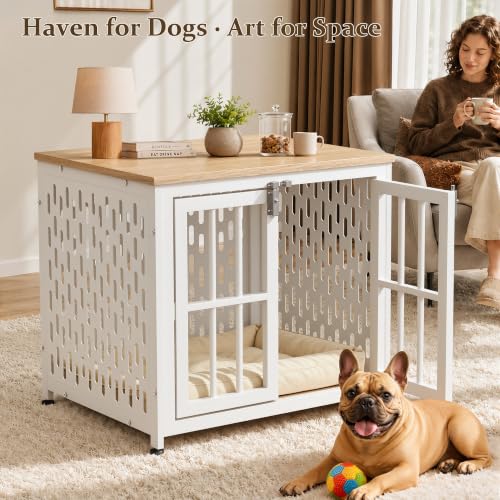 Heavy Duty Dog Crate Furniture, 26 inch Dog Crate for Small Dogs Oak White, view 3