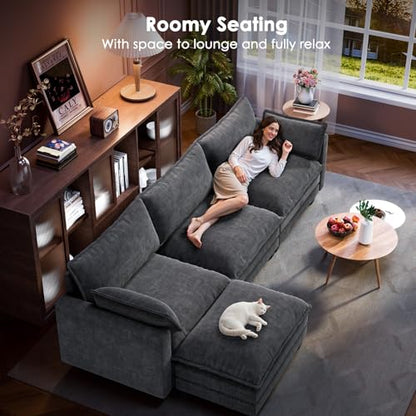 Modular Sectional Sofa 110.6" U-Shaped Modern Comfy Cloud Couch, 5-Seat Chenille Deep Seat Sofa with Throw Pillow & Movable Ottoman for Living Room, Bedroom and Apartment, Slate Gray