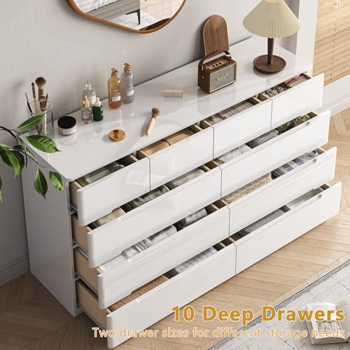 10 Drawer Dresser for Bedroom, 55" Long High Gloss Dresser, White, view 4