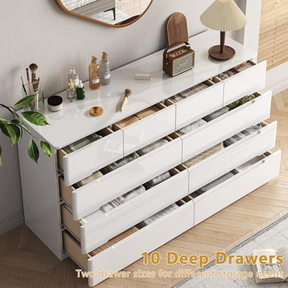 10 Drawer Dresser for Bedroom, 55" Long High Gloss Dresser, White, view 4