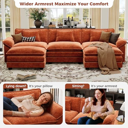 120" Oversized Modular Sectional Sofa, Comfy U-Shaped Cloud Couch w/ 2 Movable Ottoman, 5-Seater Chenille Deep Seat Modern Sofa Couch for Living Room, DIY Combination, Terracotta Orange