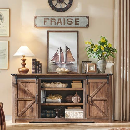 Farmhouse 66"TV Stand for 75+ Inch TV, With 4 Drawers & Sliding Barn Door | 32" Tall Entertainment Center, Rustic Media Console w/Storage Shelves, 66" Wood Television Stand for Living Room, Brown