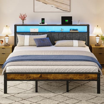 King Size Bed Frame with LED Lights, Upholstered Headboard, view 2