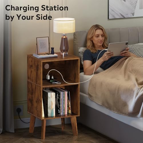 Record Player Stand with Charging Station Mid Century Tall Nightstand, view 5