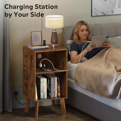 Record Player Stand with Charging Station Mid Century Tall Nightstand, view 5