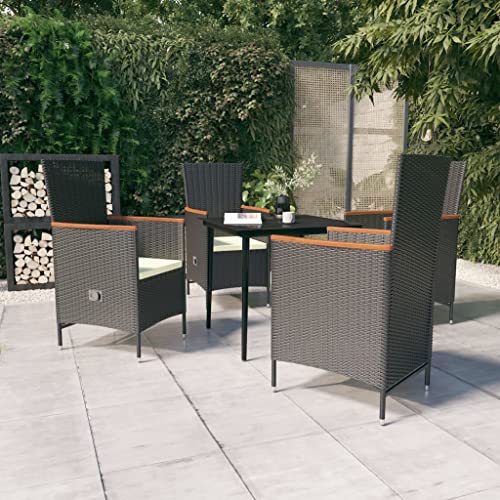 5-Piece Garden Dining Set with Cushions, Black and Cream White Outdoor PE Rattan Furniture with Adjustable Backrest Patio Chairs for Balcony and Terrace