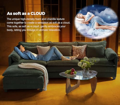 116" L Shaped Modular Sectional Cloud Couch with Pillow, Deep Seat Sofa Couches for Living Room, 4-Seat Modern Sofa with Movable Ottoman, Chenille (Green, U Shaped(4+2))