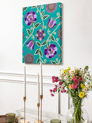 NuYeBiofx Bohemian Purple Flowers Canvas Wall Art Prints,40"x28" Framed Picture Artwork Paisley Floral Art Printed Canvas Oil Painting for Living Room Bedroom Office,Ready to Hang