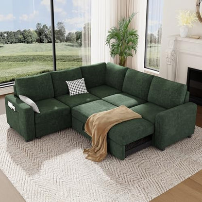 88.4" Sectional Sleeper Sofa with Pull Out Bed, 5 Seater L Shaped Modular Sectional Couch with Storage, Comfy Chenille Modular Couch for Living Room, Bedroom, Apartment, Green