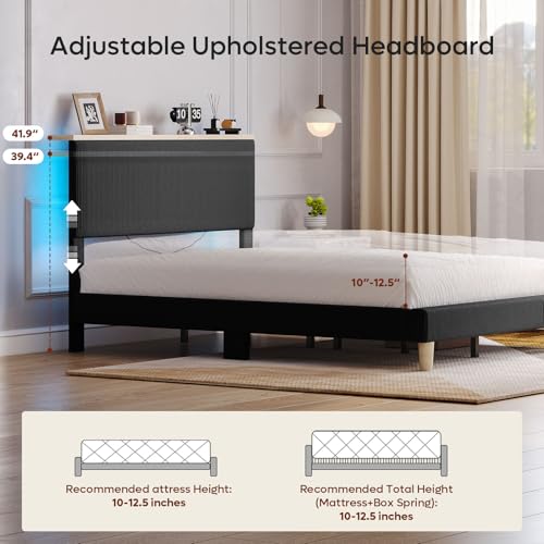 King Bed Frame with Storage Headboard & LED, Upholstered, Black, view 4