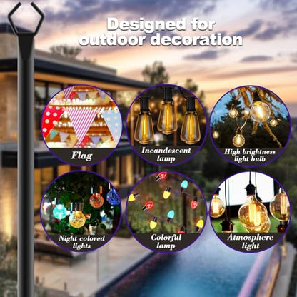 zoegi 4 Pack 10Ft String Light Poles,Light Poles for Outside Lights with Fork,Outdoor Brackets Hanging Lights,Metal Stand for Deck Patio,Backyard,Wedding,Deck,Party (4Pack)