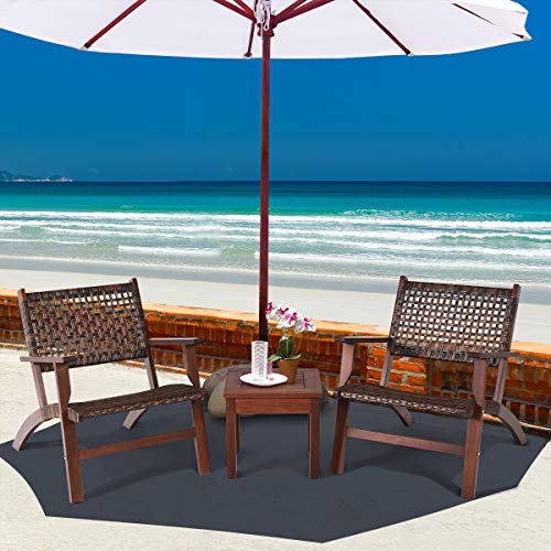 3 Pieces Patio Conversation Set, Solid Eucalyptus Wood Frame Outdoor Wicker Furniture Set Bistro Set with Coffee Table, Rattan Furniture Set for Backyard Porch Garden Poolside Balcony (Brown)