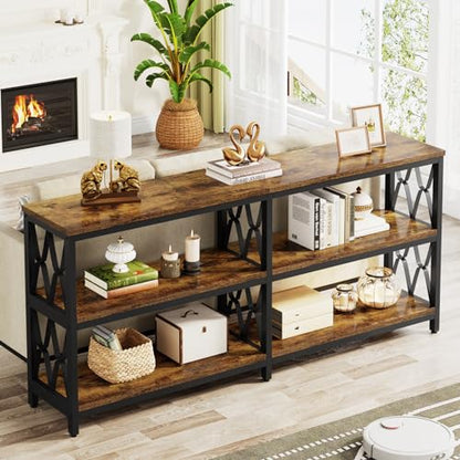 Console Table with Storage Shelves, 70.9" Industrial 3-Tier Sofa Table for Living Room, Long Foyer Table Entryway Table for Hallway, Front Door, Entrance, Rustic Brown & Black
