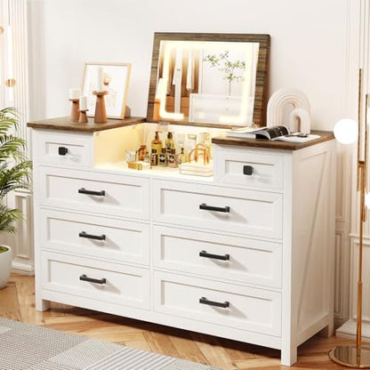 Dresser with LED Mirror, 8 Drawers, Farmhouse, for Bedroom, White, view 2