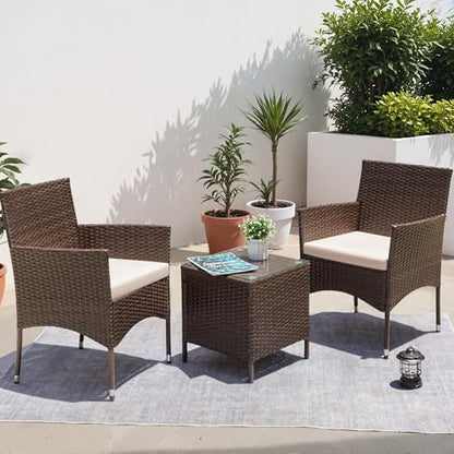 3 Pieces Patio Dining PE Rattan Wicker Chair Furniture Set with Cushion and Glass Coffee Table for Outdoor Garden Backyard Poolside, Brown and Beige