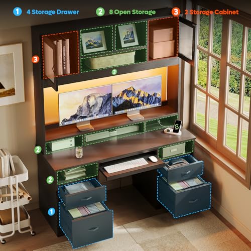 77.8" H Computer Desk with Hutch, Charging Station, LED Light,Black, view 5