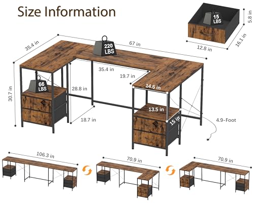 67" U Shaped Computer Desk, Reversible L Shaped Gaming Desk, view 4