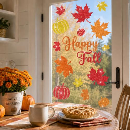 Glitter Fall Window Clings Autumn Thanksgiving Window Stickers Decals Decor, view 4