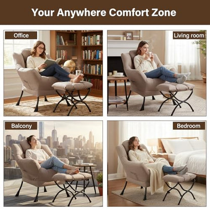 Lazy Chair with Ottoman, Modern Reading Accent Chair with Armrests and a Side Pocket, Leisure Upholstered Lazy Sofa Set with Footrest for Small Space, Khaki
