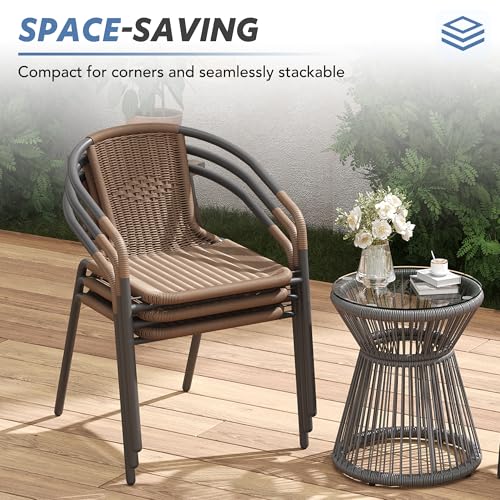 Rattan Patio Dining Chairs Set of 4, Wicker Stackable Outdoor Chairs with All Weather Curved Back & Metal Frame, for Indoor Restaurant Porch Deck, Brown