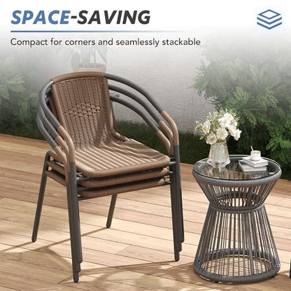 Rattan Patio Dining Chairs Set of 4, Wicker Stackable Outdoor Chairs with All Weather Curved Back & Metal Frame, for Indoor Restaurant Porch Deck, Brown