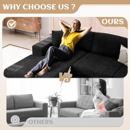 105" Boneless Couches for Living Room, Sectional Couches Modular Sofa with L-Shaped Chaise, Memory Foam Comfy Cloud Couch with Plush Corduroy Fabric, No Assembly Required, Black