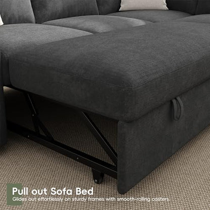 86" Sectional Sleeper Sofa Bed, 5 Seat Pull Out Couch with Storage, Gray | L Shaped Sectional Couches for Living Room, Apartment and Guest Room, Chenille Upholstered Sectional Couch