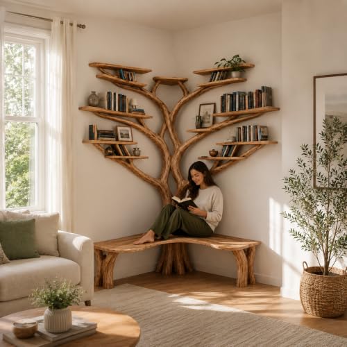 Handcrafted Live Edge Tree Branch Bookshelf with Bench for Living Room Bedroom, Rustic Natural Wood Shelf, Custom Wood Wall Shelf with 11-Tier Display Storage, Custom Size & Color