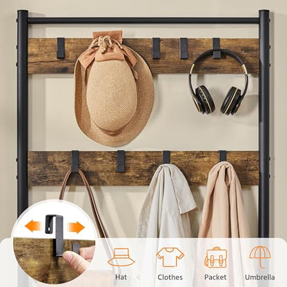 3-in-1 Hall Tree with Bench, Shoe Rack for Mudroom, Rustic Brown, view 7