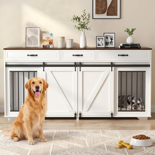 71 in Dog Crate Furniture for Dogs with 3 Storage Drawers White, view 2