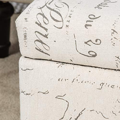 Fabric Script Pattern Cube Storage Footstool, Hinged Lid, Solid Wood Legs, 18" Height Ottomans & Storage Ottomans, Cream White