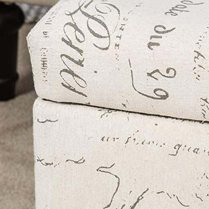 Fabric Script Pattern Cube Storage Footstool, Hinged Lid, Solid Wood Legs, 18" Height Ottomans & Storage Ottomans, Cream White