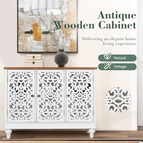 Sideboard and Buffet with Storage, 3-Door Hollow-Carved Accent Cabinet, Distressed Wood Storage Cabinet Cupboard for Kitchen, Dining Room, Living Room, Entryway, White