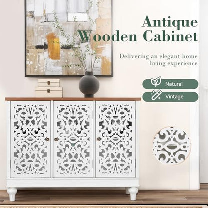 Sideboard and Buffet with Storage, 3-Door Hollow-Carved Accent Cabinet, Distressed Wood Storage Cabinet Cupboard for Kitchen, Dining Room, Living Room, Entryway, White