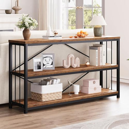 Industrial Console Entryway Table, Metal Wood Rustic Sofa Table with Storage, Farmhouse 3 Tier Shelf Long Hallway Foyer Entry Tables Behind Couch for Home Living Room Entryway, Rustic Brown, 55 In