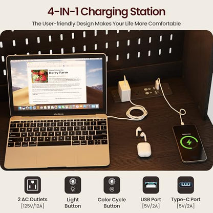 Small Study Desk - 25.6" Computer Desk with 3 Color LED and Charging Station, LED Home Office Desks with Storage Cabinet and Outlet, Writing Desks for Bedroom, Studyroom,Black